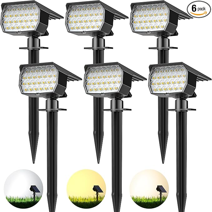 3 Colors Solar Lights Outdoor Waterproof IP65 Outdoor Solar Spot Lights for Yard 52 LEDs 600LM Solar Powered Landscape Spotlights Solar Security Wall Lights for Garden Pathway Outside- 6 Pack-CasaMuseHome