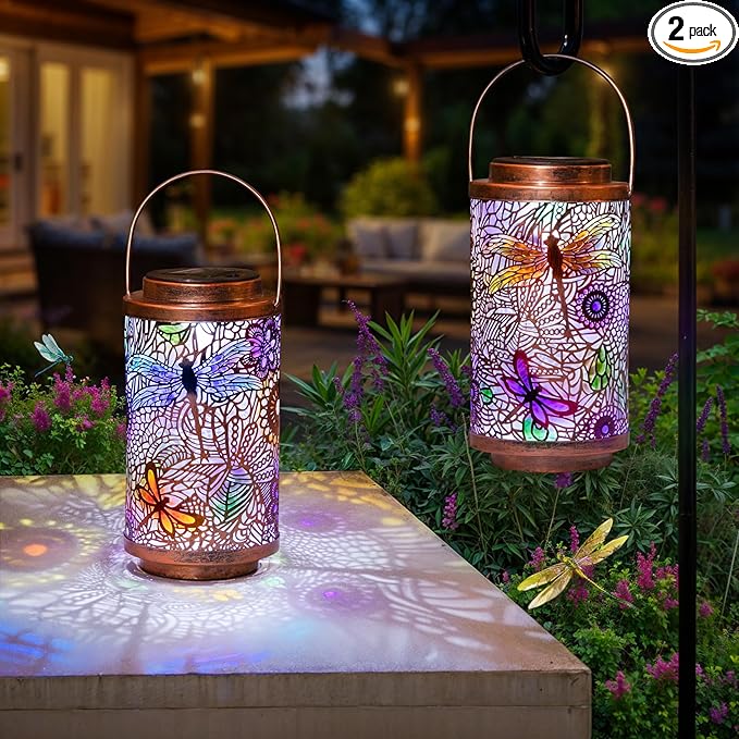 2Pack Solar Outdoor Lanterns Waterproof Multicolor Dragonfly Garden Gifts for Mom Women Backyard Lights Lanterns for Indoor,Outdoor, Porch, Outside,Mothers Day Gifts for Grandma Wife-CasaMuseHome