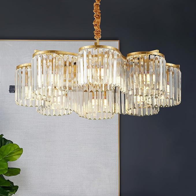 30.3“ Gold Semi Flush Mount Ceiling Light Fixtures, 8-Light Gold Modern Crystal Chandelier Height Adjustable Pendant Lighting for Bedroom Entryway Hallway Kitchen Island Living Room Foyer-CasaMuseHome