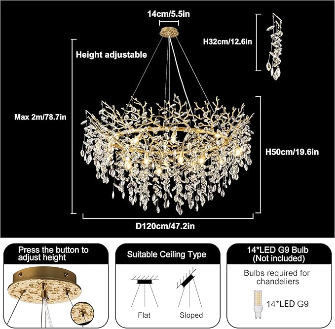 14-Light Modern Large Crystal Chandelier for Dining Room, 48" Round Gold Crystal Tree Branche Chandelier, Living Room Crystal Chandelier, Crystal Chandeliers for High Ceiling,Entryway,Foyer-CasaMuseHome