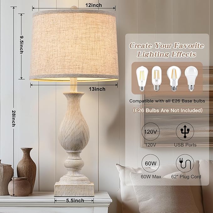 28'' Tall Farmhouse Table Lamps for Living Room, Bedroom Lamps Set of 2 with USB C+A Charging Ports, Rustic Farmhouse Nightstand Lamps for Bedside, Traditional Side Table Lamp with Fabric Shade-CasaMuseHome