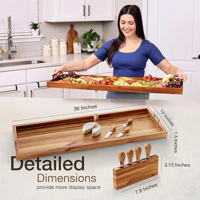 Acacia 36 Inch Extra Large Charcuterie Board with Cheese Knife Set of 4 - Acacia Wood Serving Tray with Handles, Long Charcuterie Board, Large Charcuterie Boards for Party, Wooden Cheese Board-CasaMuseHome