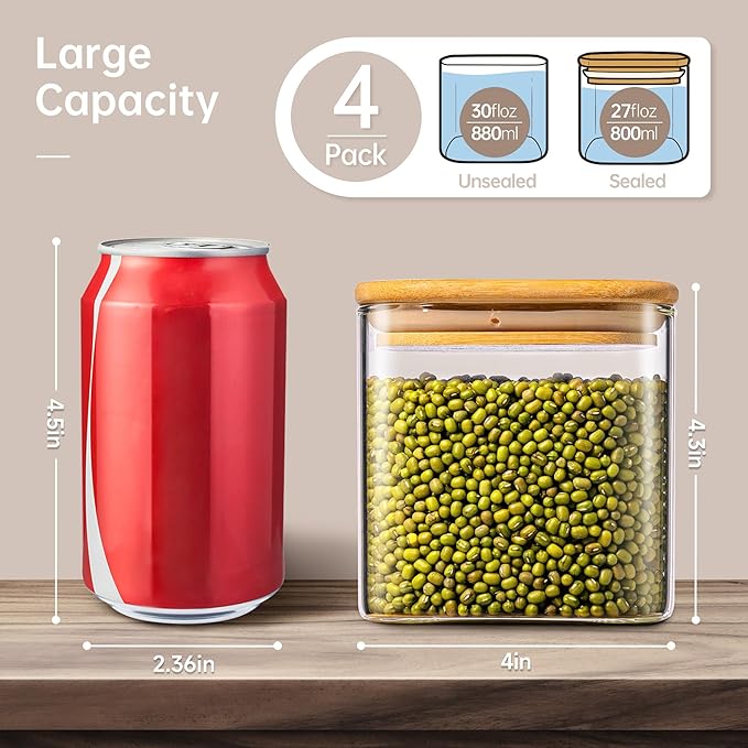 27oz - 4 Pack Square Glass Jars with Bamboo Lids, Glass Food Storage Containers with Airtight Lids for Kitchen, Air Tight Pantry Storage Containers for Cereal, Pasta, Rice, Sugar, Coffee, Spice-CasaMuseHome