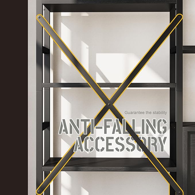 70 x70 Triple 5 Tier Book Shelf, Industrial Large Bookcase with Storage Cabinet, Tall Bookshelf with 14 Open Display Shelves Metal Frame Furniture for Living Room Bedroom Home Office Black-CasaMuseHome