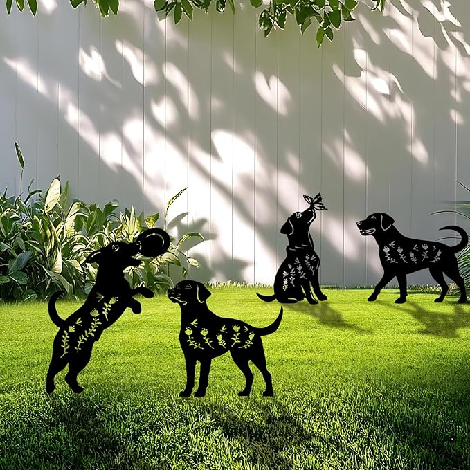 4 Pack Dog Metal Garden Decorative Stakes, Weather Proof Puppy Silhouette Statues for Yard, Patio,Outdoor Decor for Dog Lovers and Pet Owners-CasaMuseHome