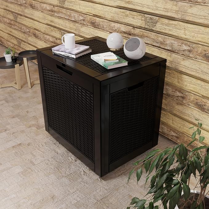 36 Gallon Outdoor Deck Box,Storage Lockable Waterproof Patio Furniture,Garden Tools,Cushions,Pool Accessories Outside Storage Resin Box(Black Pattern)-CasaMuseHome