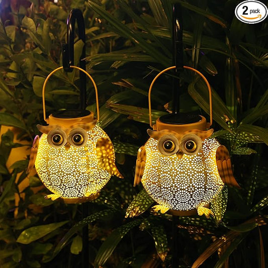 2 Pack Hanging Solar Lanterns - Garden Light Waterproof Metal Decorative Solar Lantern Lights Outdoor for Patio Yard Table Pathway with Owl Pattern-CasaMuseHome