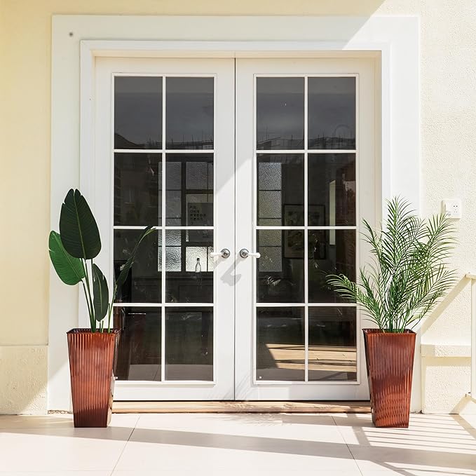 22in Vintage Handmade Metal Vertical Lines Copper Tapered Planters,Planter Box with Drainage Holes and Saucer -Set of 2, Galvanized Steel Planter for Indoor/Outdoor/Porch/Garden-CasaMuseHome