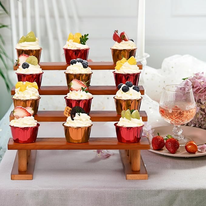 4 Tier Wooden Display Riser Stand Perfume Organizer, Dessert Table Display Set, Solid Wood Food Display Stands for Party, Bamboo Rustic Solid Wood Shelf for Cupcakes, Perfume, Cologne, Spiece-CasaMuseHome