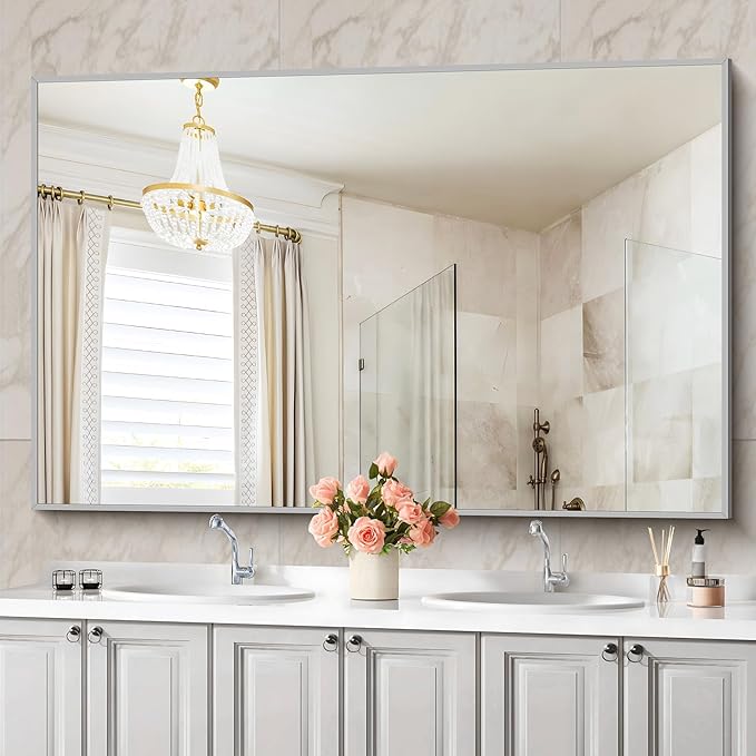 36x60inch Brushed Nickel Bathroom Mirror, Silver Rectangle Mirror with Frame, Large Rectangular Wall Mirrors for Bathroom, Living Roomm, Hair Salon, Big Mirror Hang Horizontal/Vertical-CasaMuseHome