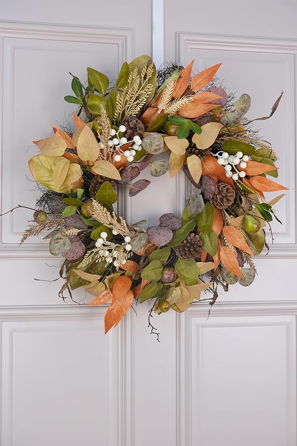 24" Fall Wreath for Front Door Handmade with Artificial Autumn Leaves, Natural Pinecones, Faux Berries and Wheat, Autumn Harvest Wreath Decoration for Home Farmhouse Door Wall Window Porch-CasaMuseHome
