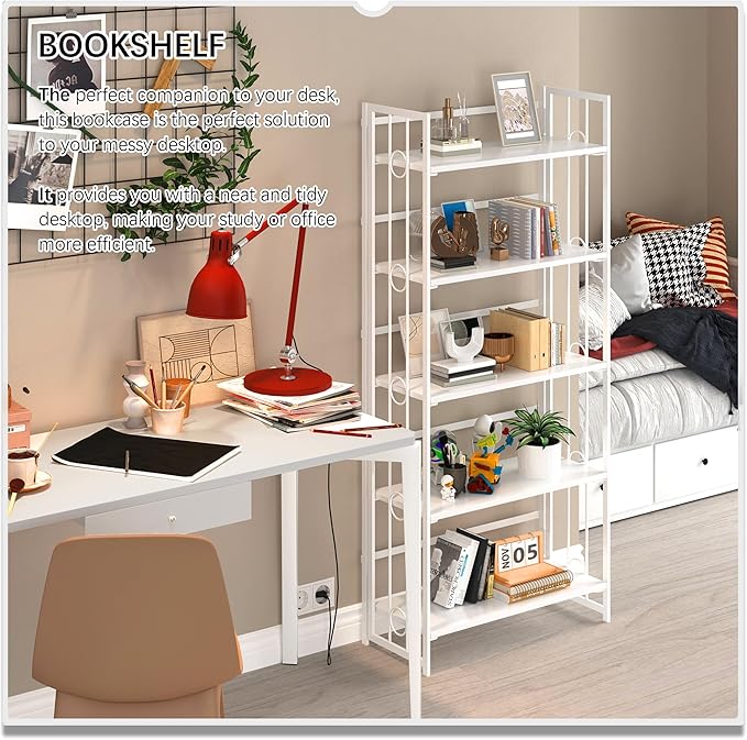 4NM No Assembly 5 Tiers Folding Bookshelf, 59.4" H Foldable Storage Shelves Vintage Bookcase Standing Racks Study Organizer Home Office - All White-CasaMuseHome