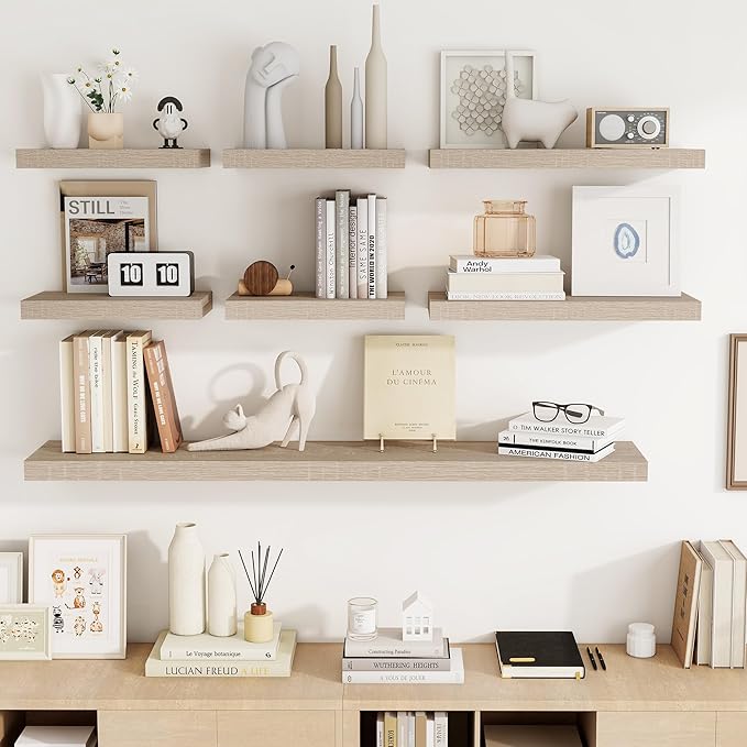 16 Inch Floating Shelves, 3D Textured Wood Grain, 16"x9.25"x1.5" Inch Deep Floating Shelves for Wall, Wooden Shelves for Bathroom, Bedroom, Living Room, Vintage White Oak-CasaMuseHome