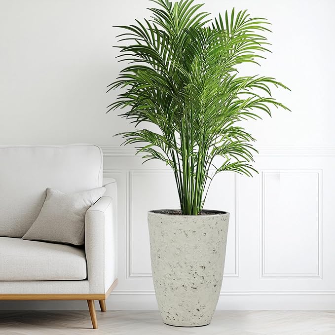 19.5" Resin Tall Planters for Outdoor Plants, Set of 2 Country White Large Flower Pots with Handmade Birch Bark Texture, Heavy-Duty and Weather-Resistant for Year Round Indoor Outdoor use-CasaMuseHome