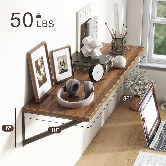 36"W x 10"D Floating Shelves, 10 Inch Deep Walnut Floating Shelves, Farmhouse Rustic Deep Wall Shelves for Home Decor, Wide Large Floating Shelf for Bathroom, Living Room, Kitchen, Study Room-CasaMuseHome