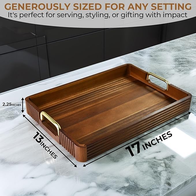 Acacia Wood Serving Tray with Metal Handles – 17x12in Rustic Decorative Ottoman & Coffee Table Tray for Breakfast in Bed, Dinner, Bar, Kitchen, Home Décor & Entertaining-CasaMuseHome