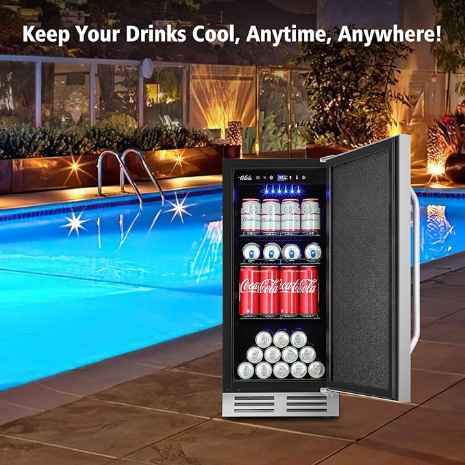15 Inch Outdoor Beverage Refrigerator Cooler,Stainless Steel 127 Cans Beverage Fridge with French Door Under Counter Built-in or Freestanding, Perfect for Beer, Cola-CasaMuseHome