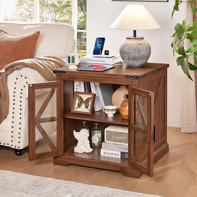 24" End Table with Charging Station, Farmhouse Night Stand with Glass Barn Door, Green Nightstands with Adjustable Storage Shelf, Large Wood Square Bed Side Table for Living Room, Bedroom-CasaMuseHome