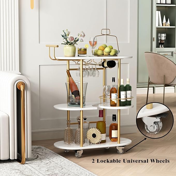 3 Tier Gold Bar Carts for Home Bar Serving Cart with Wheels, Heavy Duty Bar Wine Cart with Storage Shelves, for The Living Room, Kitchen, Bar, Party-CasaMuseHome