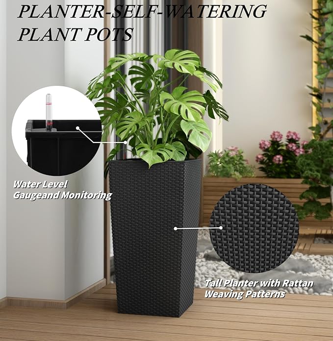 30in Tall Large Plant Pots Planter-Self-Watering Indoor/Outdoor Planting with Drain Holes, Water Level Monitor, Inner Bucket for Front Porch Patio, Black Large-CasaMuseHome