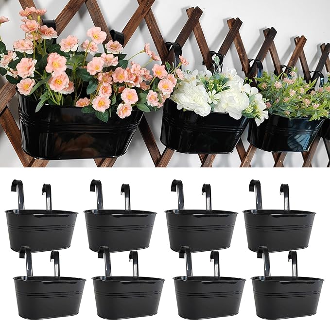 8 Pack Metal Hanging Planter for Outdoor Plants, 10 Inch Black Fence Planters Railing Pots for Garden Patio Balcony Decor, Flower Bucket with Detachable Hooks (Black, 8Pcs)-CasaMuseHome