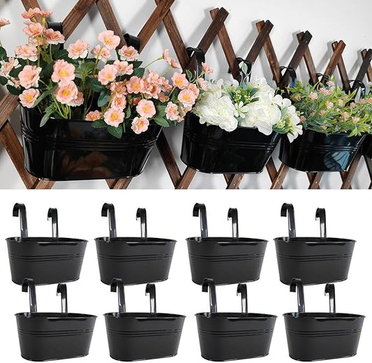 8 Pack Metal Hanging Planter for Outdoor Plants, 10 Inch Black Fence Planters Railing Pots for Garden Patio Balcony Decor, Flower Bucket with Detachable Hooks (Black, 8Pcs)-CasaMuseHome
