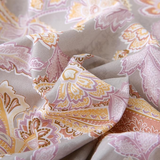 ABREEZE Paisley Bedding Sets 3Pcs Brushed Cotton Duvet Cover Set King Size Rustic Damask Gold Floral Comforter Cover with Zipper Closure Boho Bedding Collections-CasaMuseHome