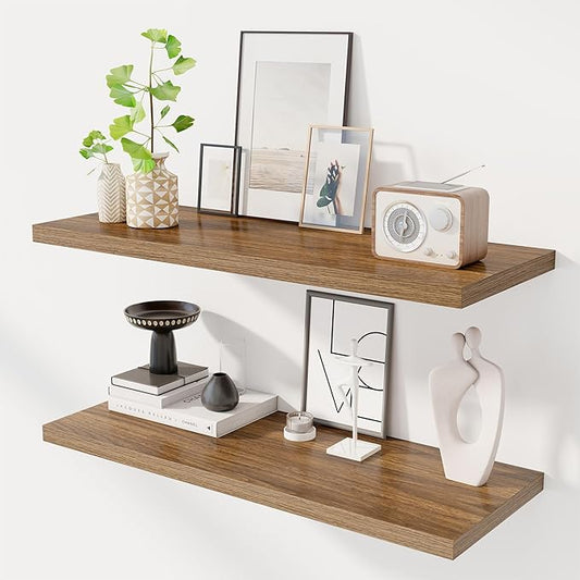 36" Floating Shelves for Wall, 12" Deep Slim Walnut Floating Shelves, Wall-Mounted Shelves for Bedroom, Living Room, Kitchen, Bathroom - Set of 2-CasaMuseHome