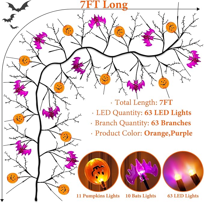7 Ft 63 LED Halloween Willow Vine Twig Garland with 8 Modes Timer Orange Purple 21 Pumpkin Bats Lights,Halloween Garland with Waterproof Battery Operated for Indoor Wall Fireplace Decorations-CasaMuseHome