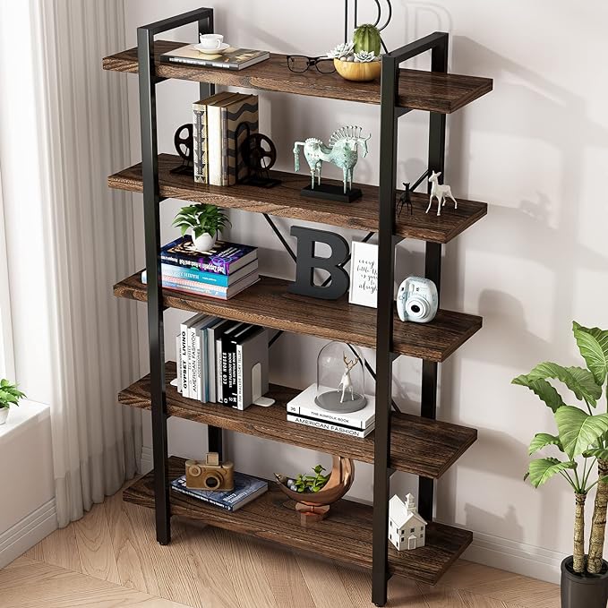 5-Tier Industrial Style Solid Wood Bookcase and Book Shelves,Rustic Wood and Metal Shelving Unit， Living Room,Modern Rustic Open Industrial Book Shelf Office,Distressed Brown (AY-02-5Tier)-CasaMuseHome