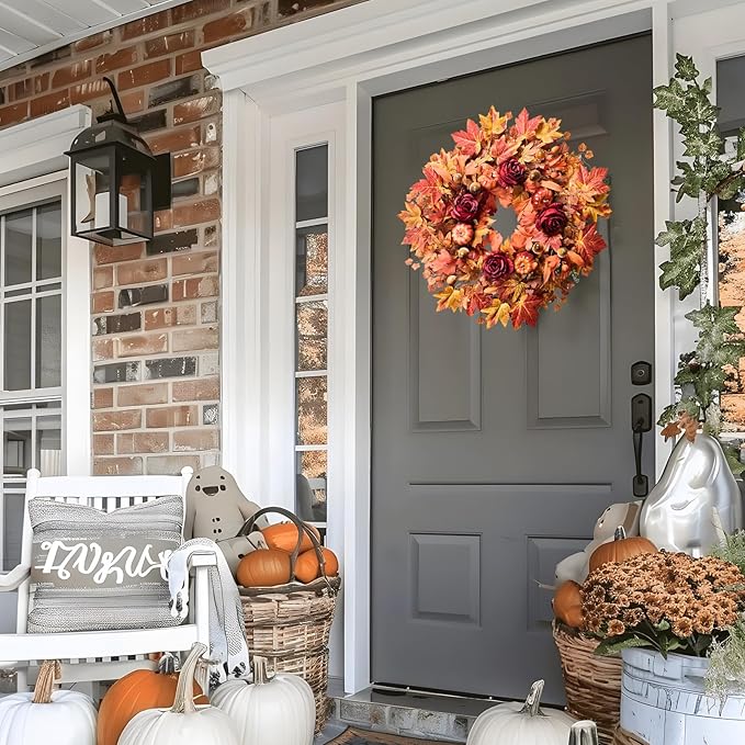 26'' Large Fall Wreath for Front Door, Autumn Wreaths for Outdoor Home Decor - Farmhouse Wreath with Maple Leaves, Pumpkins, Roses, Thanksgiving Decoration, Rustic Harvest Festival Door Hanging-CasaMuseHome