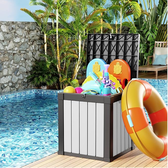 40 Gallon Resin Deck Box, Lockable Patio Outdoor Storage Box for Furniture, Garden Tools and Tools Storage, Waterproof Outside Storage Boxes - Black&White-CasaMuseHome