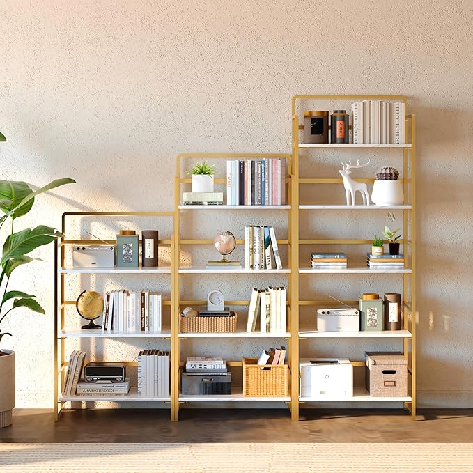 4NM No Assembly Foldable Bookshelf, 4-Shelf Collapsible Bookcase Storage for Small Spaces, 54" H, White and Golden-CasaMuseHome