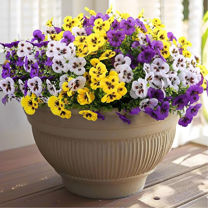 18 Bundles Artificial Fake Pansy Flowers for Outdoor, Faux UV Resistant Silk Pansies Flowers for Outside Planter Front Door Porch Yard Patio Window Box Home Decor (18, Purple, Yellow, White)-CasaMuseHome