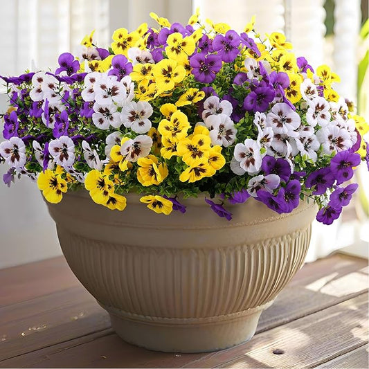 18 Bundles Artificial Fake Pansy Flowers for Outdoor, Faux UV Resistant Silk Pansies Flowers for Outside Planter Front Door Porch Yard Patio Window Box Home Decor (18, Purple, Yellow, White)-CasaMuseHome