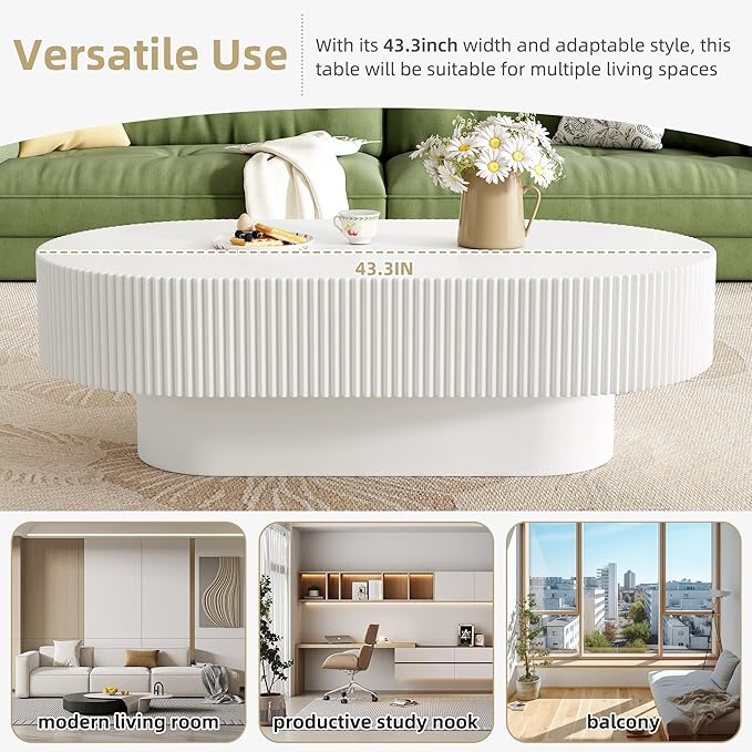 43.3" Oval Fluted Coffee Table Modern Elegant Drum End Table, Minimalist Center Table 7.8" Thick Tabletop with Sturdy Base for Living Room, Bedroom, Apartment,Easy Assembly, White-CasaMuseHome