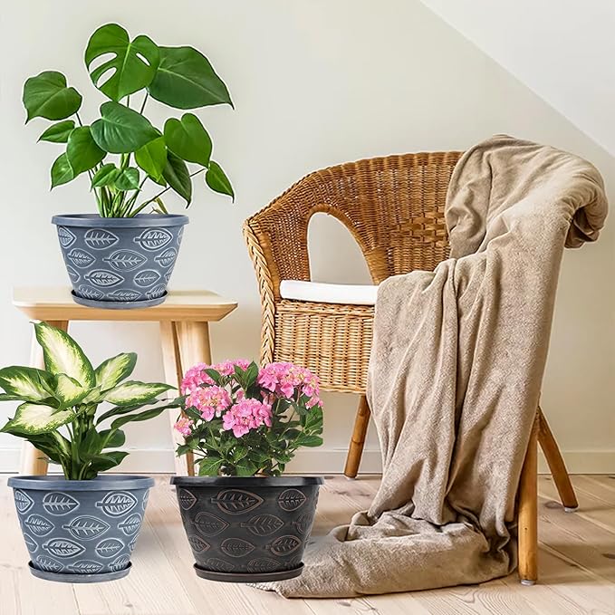 3 Pack Flower Pots Outdoor 11 Inch Plant Pots Indoor, Large-Plastic-Plant-Flower-Planters-Pots with Drainage Hole & Tray, Modern Decorative Garden Pot with Saucer(Brown)-CasaMuseHome