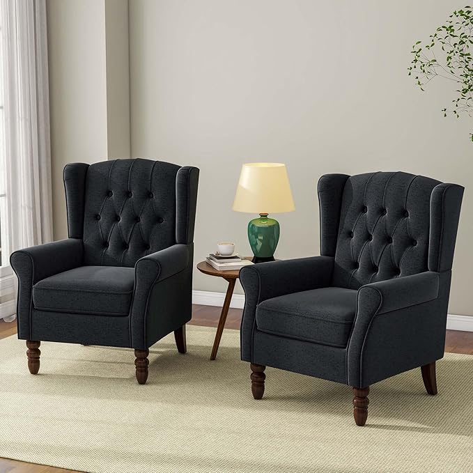 Accent Chair, Upholstered Armchair with Button Tufted High Back & Solid Wood Legs, Comfy Wingback Reading Single Sofa Chair for Small Spaces, Living Room, Bedroom (Blue, Set of 2)-CasaMuseHome