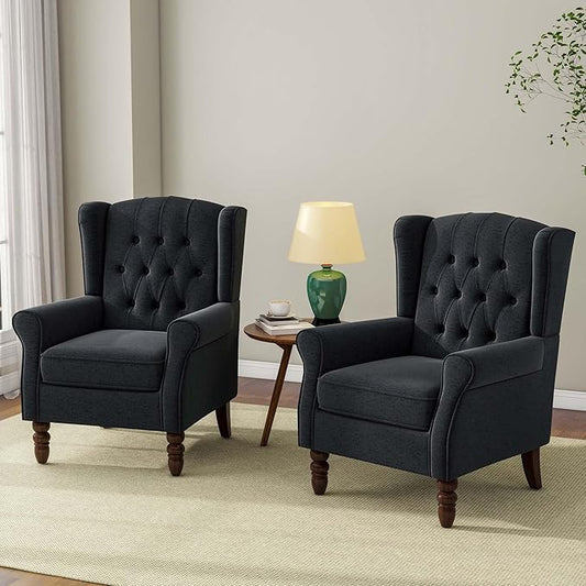 Accent Chair, Upholstered Armchair with Button Tufted High Back & Solid Wood Legs, Comfy Wingback Reading Single Sofa Chair for Small Spaces, Living Room, Bedroom (Blue, Set of 2)-CasaMuseHome
