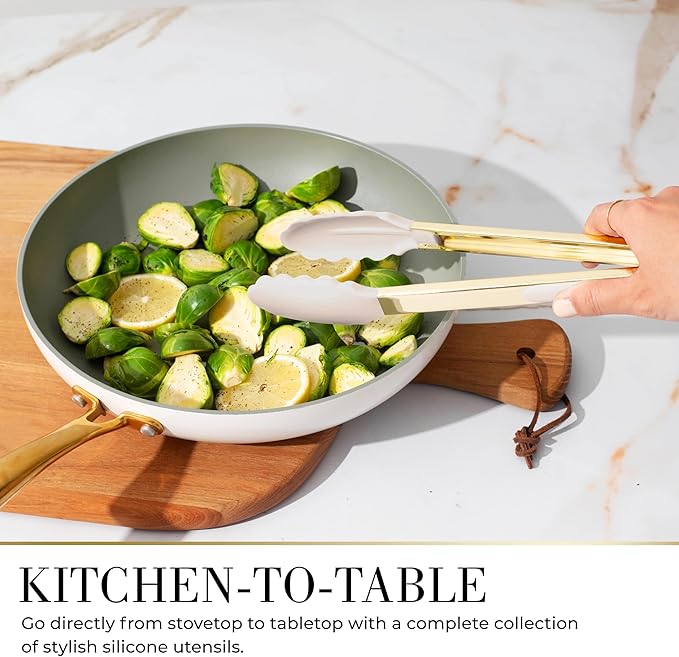 7-Piece Beige & Gold Kitchen Utensils Set – Non-Toxic Silicone & Stainless Steel Tools for Cooking, Serving, & Hosting – Ideal for Nonstick Cookware & Modern Kitchens, with Gold Utensil Holder-CasaMuseHome