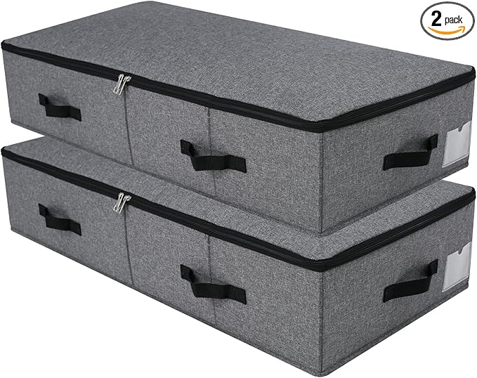 2PCS Foldable Blankets Clothes Comforters Storage Bin Organizer with Plastic Support Liner for Blankets, Towels, Comforter, Sweaters, Linen Sheets, Wrapping Paper, Black Grey-CasaMuseHome