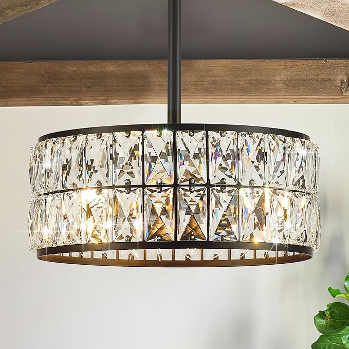 12” 3-Light Modern Crystal Chandeliers Black Dinning Room Light Fixture with Two Poles, Round Pendant Light Kitchen Island Chandelier, Flush Mount Ceiling Light for Living Room Entryway-CasaMuseHome