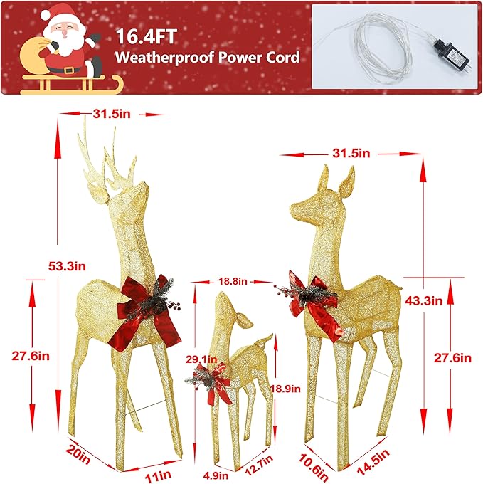 4.5FT Lighted Reindeer Family Set for Christmas Decoration, 3 Pieces Pre-Lit Iridescent Deer with 200 LED Lights, 3D Glittered Standing Holiday Display for Outdoor, Indoor, Golden-CasaMuseHome