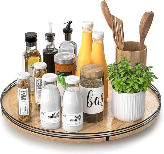 18" Lazy Susan Oak Wood Turntable Organizer for Cabinet, Farmhouse Round Wooden Large Lazy Susan Organization and Storage for Dining Table, Pantry, Kitchen, Countertop, Cupboard, Home Decor-CasaMuseHome