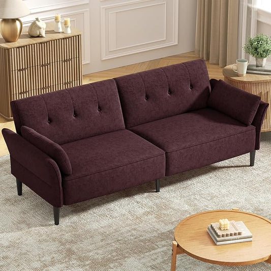 89” Futon Sofa Bed, Velvet Fabric Comfy Futon Couch Bed with 2 Square Pillows, Convertible Sleeper Sofa with Adjustable Backrest& Armrests, Modern Loveseat Sleeper for Living Room, Burgundy-CasaMuseHome