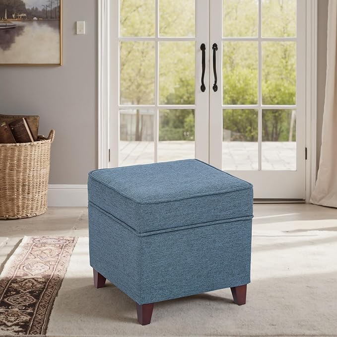 Adeco 17" Square Ottoman with Storage, Small Blue Storage Ottoman Foot Rest with Hinged Lid & Solid Wood Legs, Linen Fabric Foot Stool for Living Room & Bedroom-CasaMuseHome