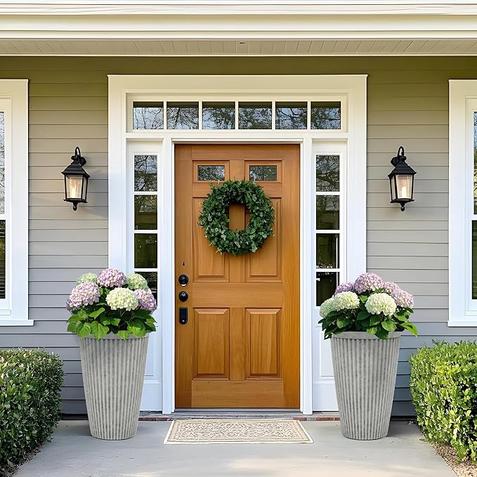 20" Resin Tall Planters for Outdoor Plants, Set of 2 Vintage Gray Large Flower Pots with Handmade Fluted Texture, Heavy-Duty and Weather-Resistant for Year Round Indoor Outdoor use-CasaMuseHome