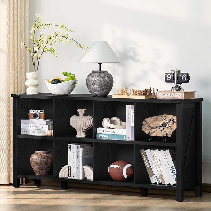 8 Cube Book Shelf, Farmhouse Wood Long Storage Organizer Bookcase, 62" Horizontal Black Console Closet Bookshelf, Hallway TV Stand for Entryway, Display Cabinet Book Case for Living Room-CasaMuseHome