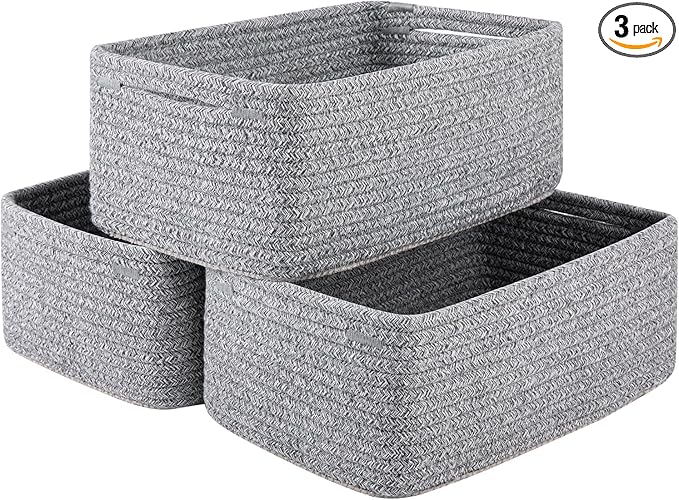 3 Pack Small Storage Baskets for Organizing, Cute Woven Decorative Gift Baskets for Shelves, Mini Closet Organizer Bins with Handles, 11.81''Lx7.87''Wx4.72''H-Grey-CasaMuseHome