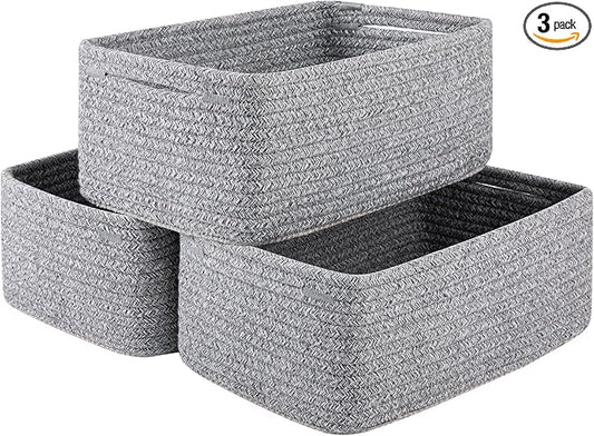 3 Pack Small Storage Baskets for Organizing, Cute Woven Decorative Gift Baskets for Shelves, Mini Closet Organizer Bins with Handles, 11.81''Lx7.87''Wx4.72''H-Grey-CasaMuseHome